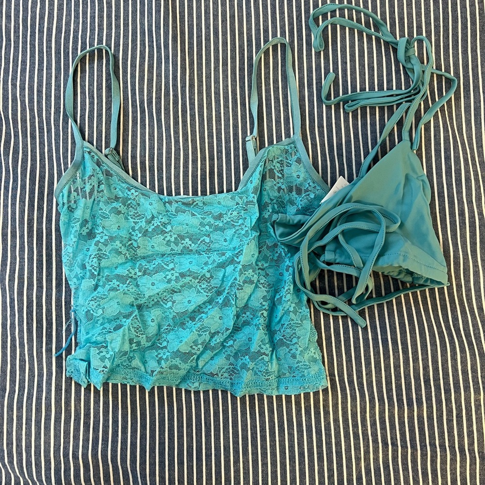Tiger Mist Teal Lace Crop Top and Bikini Set